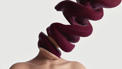 Human Head Twisted Into Burgundy Spiral. Surreal Abstract 3D Portrait With White Background And Conceptual Art Design