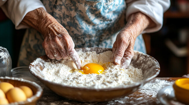 Close-up of elderly woman’s hands in apron whisking egg into flour at home, capturing a cozy baking moment. Ideal for food blogs, cooking tutorials, and home lifestyle content.
