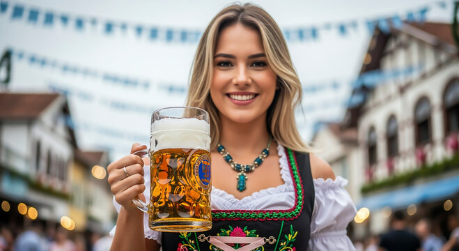 Smiling Woman Holding a Beer Mug at a Festival
