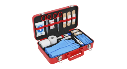 Red First Aid Kit Box Contents Supplies Medical Equipment Bandages Gauze Thermometers and Emergency Tools Ready for