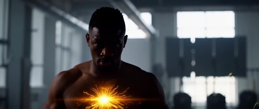 Intense power within muscular athlete's heart, energy radiating from inner strength and vibrant