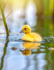 A tiny, bright yellow duckling floats on a still pond.  Sunlight filters through the reeds