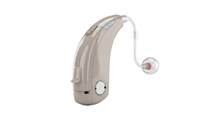 Behind the ear hearing aid close up on black background Medical technology for deafness Modern hearing solution for