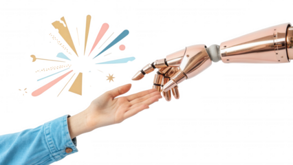 Human hand and robotic hand reaching out to each other with colorful abstract light bursts isolated on black background isolated on white background isolated on transparent background