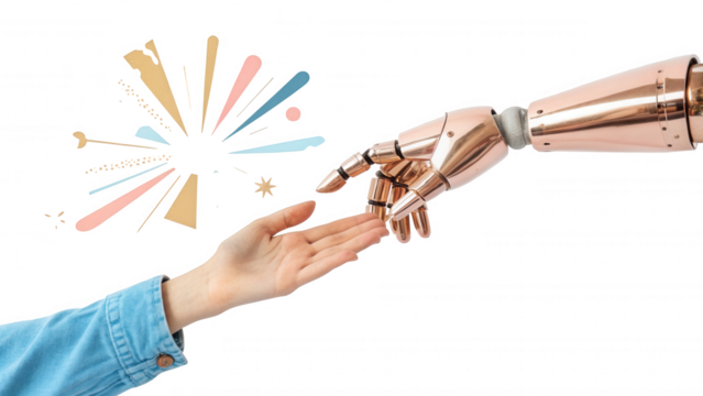 Human hand and robotic hand reaching out to each other with colorful abstract light bursts isolated on black background isolated on white background isolated on transparent background