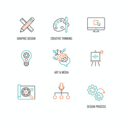 A thin‑line web icon collection for graphic design, creative thinking, art and media, and design processes