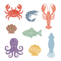 Fototapeta premium Vector illustrations of hand‑drawn watercolor seafood signs for graphic and web design, suitable for restaurants, menus, and fish markets