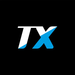 TX letter logo design on black background. TX creative initials letter logo concept. TX icon design. TX white and blue letter icon design on black background. T X