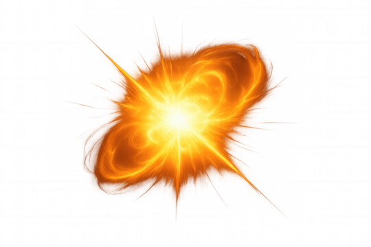 Bursting orange energy explosion with swirling light rays, fiery power blast on transparent background