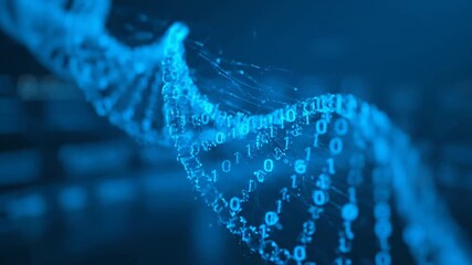 Digital DNA Strand with Binary Code - This video showcases a glowing blue digital representation of a DNA strand, interwoven with binary code. - Powered by Adobe