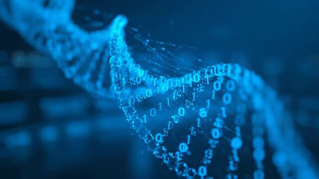 Digital DNA Strand with Binary Code - This video showcases a glowing blue digital representation of a DNA strand, interwoven with binary code.