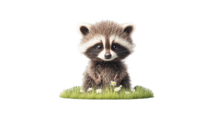 Baby raccoon sitting in grass with daisies, cute illustration, transparent background