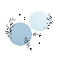 Botanical Geometry Vector — Black and White Illustration of Leaves and Birds Surrounding Overlapping Blue Circles in Minimalist Style