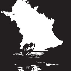 Contemplative Silhouette in Cave Vector — Black and White Illustration of Person Reflected in Water within France-Shaped Opening