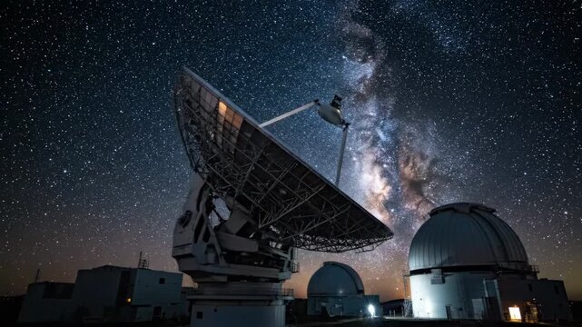 A breathtaking view of a clear night filled with twinkling stars and a brilliant Milky Way. The observatory's large telescopes eagerly gaze into the cosmos, inviting wonder.