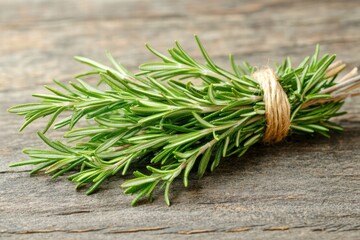 Fresh Rosemary Herb Bundle, Tied with Twine, on Rustic Wooden Background