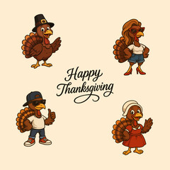 Funny Thanksgiving turkey characters in cartoon style, wearing trendy and traditional clothes. Holiday illustration on transparent background, perfect for prints, cards, stickers, and festive decor.