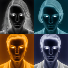 Generative AI Four faces, inverted colors, glowing eyes Portrait Inverted colors Glowing eyes Four faces Grid Woman Man Face Digital art High contrast Dark background - Modern Look