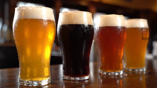 Assorted Beer Glasses on Wooden Bar - A close-up shot showcasing a selection of beer glasses, each filled with a different type of beer.