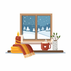Cozy winter windowsill scene with a steaming mug lit candle and a warm scarf overlooking a snowy landscape.