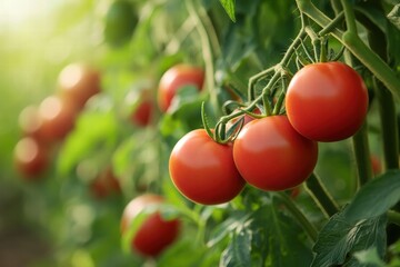 Ripe Red Tomatoes Growing on Vine in Garden, Close-Up, Food Photography, Fresh Produce.