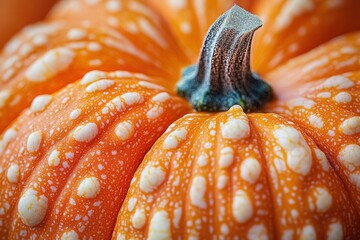 Close-up of Orange Pumpkin with White Spots and Green Stem, Autumn Harvest