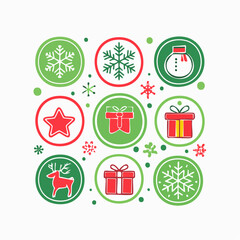 Festive Christmas Icons Snowflakes Gifts Reindeer and Snowman in Circles.