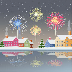 Festive Winter Village Scene with Colorful Fireworks Display.