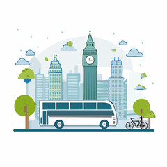 London Cityscape with Bus and Bicycle Illustration.