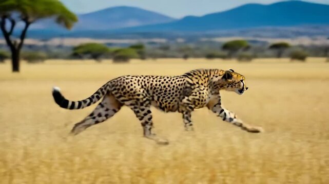 Majestic cheetah sprinting across African savanna grassland with acacia trees and distant