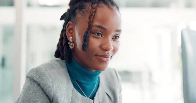 Reading, online and business black woman in office for research, finance review and feedback. Corporate, professional and person on computer to check financial proposal, planning and budget report