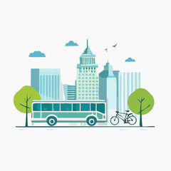 Urban transportation scene with bus bicycle and city skyline.