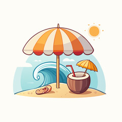 Vibrant Beach Day Illustration with Striped Umbrella and Coconut Drink.