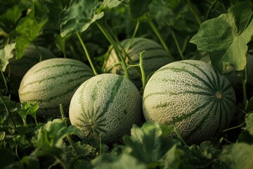 Ripe Cantaloupe Melons Growing on Vine, Close-up View, Fresh Produce, Summer