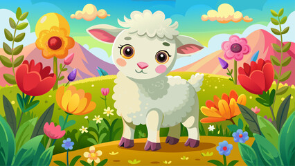 Fototapeta premium Very beautiful A cute lamb surrounded by colorful flowers in a sunny field, evoking a sense of peace and innocence, ideal for nature, farm life, or spring-themed .