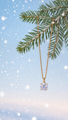 elegant fir branch with glittering decoration on light blue snowy backdrop for use in christmas marketing materials and seasonal promotional layouts