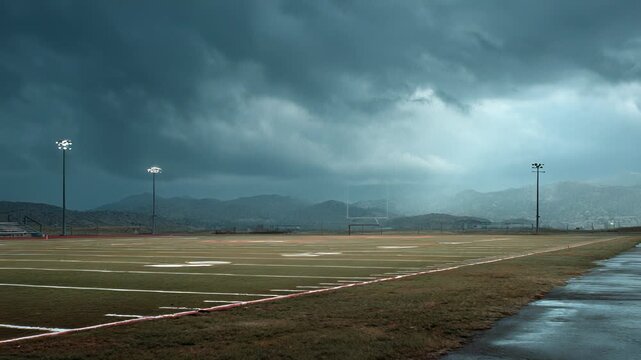 Empty American Football Field Under Dramatic Stormy Sky with Rain, Mountain Backdrop, and Stadium Lights Illuminating the Scene