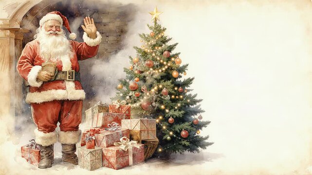 Santa Claus in watercolor vintage 1930's style greets children by a decorated Christmas tree surrounded by gifts with copy space at a cozy winter scene