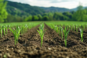 Young Corn Plants Growing in Rows on a Farm with a Blurred Green Mountain Background