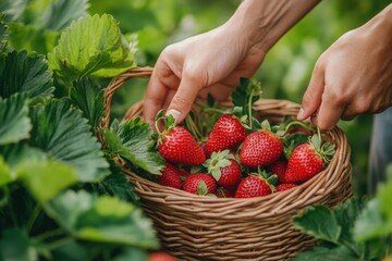 Hand Picking Fresh Strawberries into a Woven Basket in a Lush Strawberry Patch