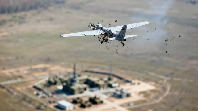 An enemy reconnaissance drone is hit over a military base and explodes., showcasing advanced technology in real time during daytime operation