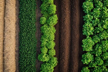Aerial View of Diverse Crop Rows in a Farm Field with Varying Textures