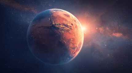 Fototapeta premium Realistic depiction of planet Mars in space, showcasing its red rocky surface, terrain features, and surrounding cosmic environment. Perfect for astronomy, space, and planetary visuals.