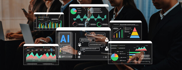 A dynamic workspace featuring professionals examining interactive dashboards that showcase data analytics and artificial intelligence insights for business growth and strategy. Trope