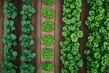 Aerial View of a Lush Vegetable Garden with Various Green Crops in Rows.