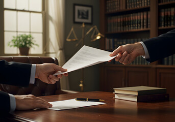Legal document being exchanged between two business partners in a professional office environment. The image focuses on a transaction, emphasizing the importance of agreements and partnerships