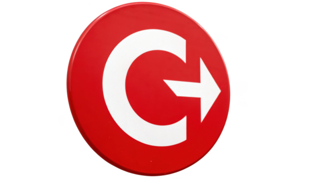 Red oval sign with a white c and arrow symbol isolated on transparent background isolated on white background