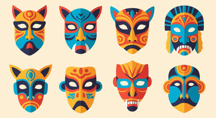 Fototapeta premium Collection of eight colorful tribal masks with intricate designs.