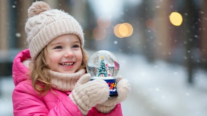A happy little girl holds a Christmas snow globe during a winter snowfall. Smiling child in warm clothes enjoying the festive holiday season. Cinemagraph with animated snow - Powered by Adobe