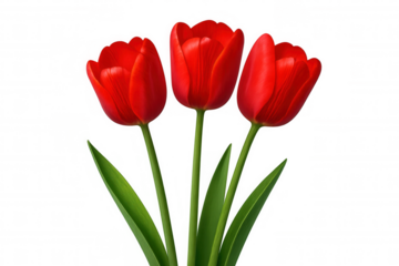 Three vibrant red tulips with green stems and leaves, symbolizing spring, romance, and celebration, transparent background
